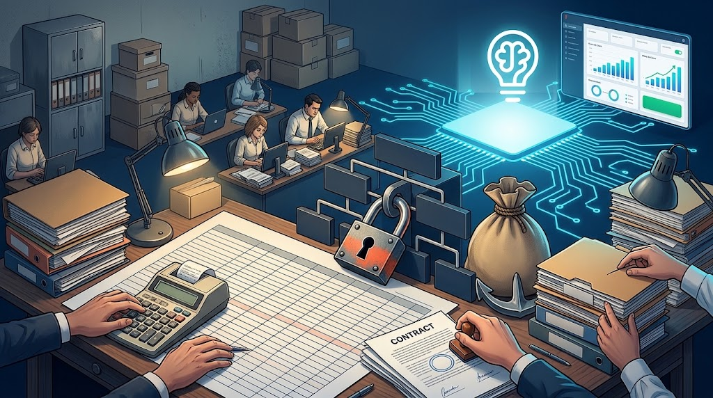 Ilustração de escritório sobrecarregado com papéis, planilhas e calculadora, contrastando com o painel digital de tecnologia e IA ao fundo